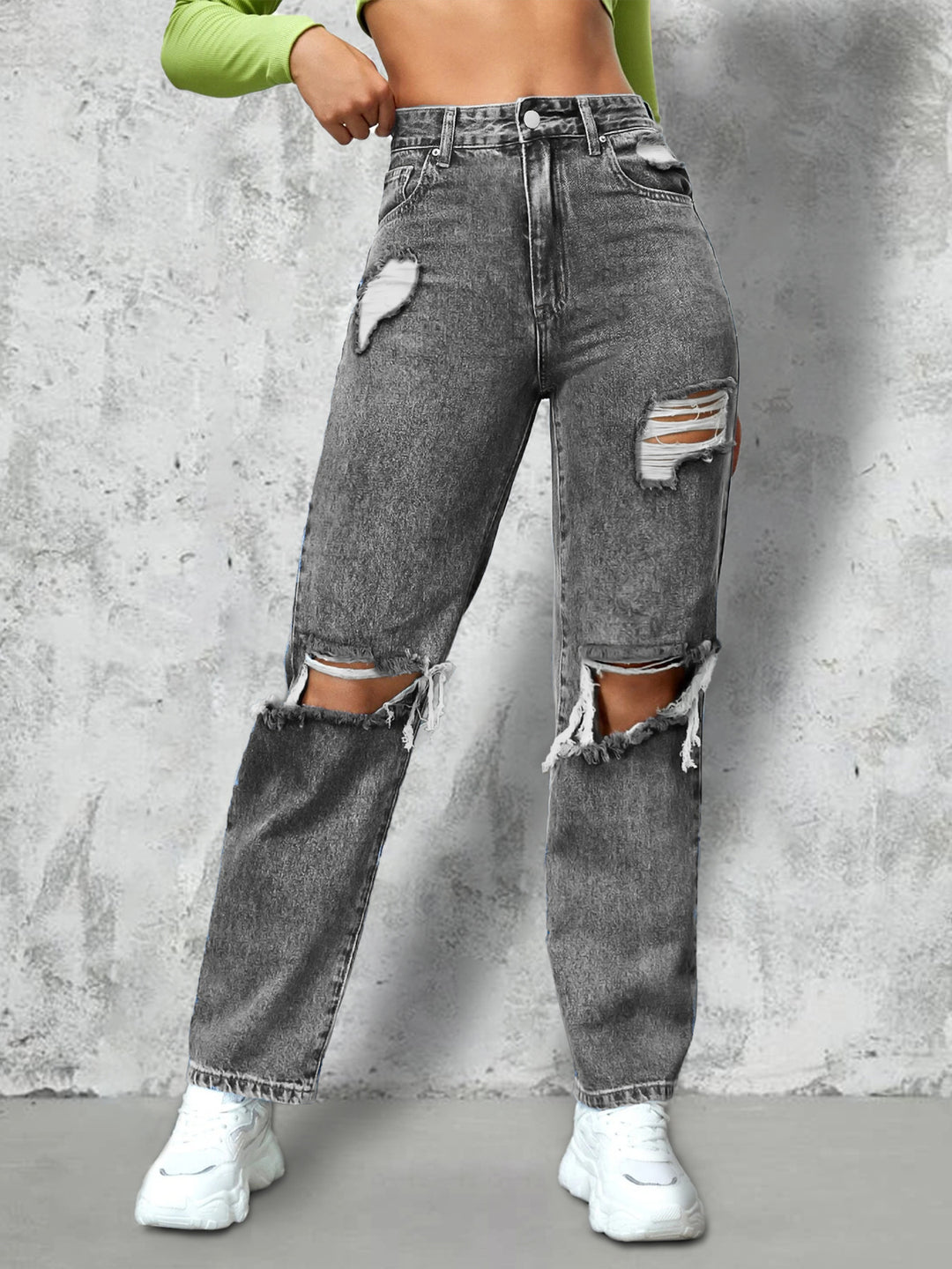 Damen High‑Waist Ripped Straight‑Leg Jeanshose mit Knie‑Cutouts und Used‑Wash Nord Taschen