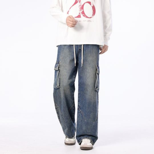 Herren Weite Cargo-Denimhose mit Tunnelzug, Used‑Waschung und Oversize‑Passform Nord Taschen