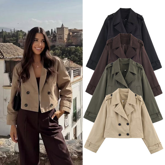 Damen Kurzgeschnittene Trenchjacke im Boxy‑Schnitt mit Doppelreiher und Schulterriegeln Nord Taschen