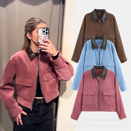 Damen Cordjacke mit Reißverschluss, Kunstlederkragen und aufgesetzten Taschen Nord Taschen