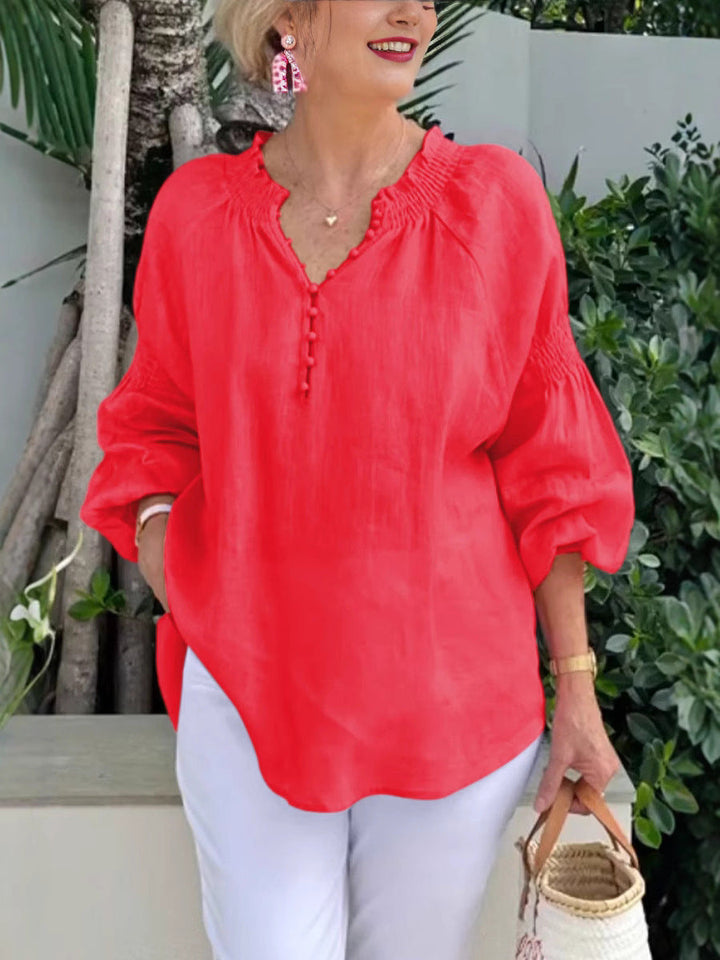 Damen lässige Kleidungsbluse mit Ballonärmeln und Knopfleiste