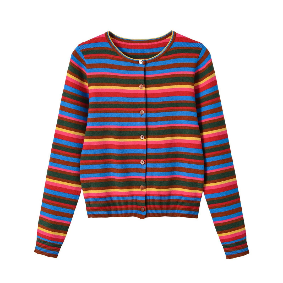 Damen Fein gestrickter Rundhals-Cardigan mit bunten Querstreifen und Perlmuttknöpfen Nord Taschen