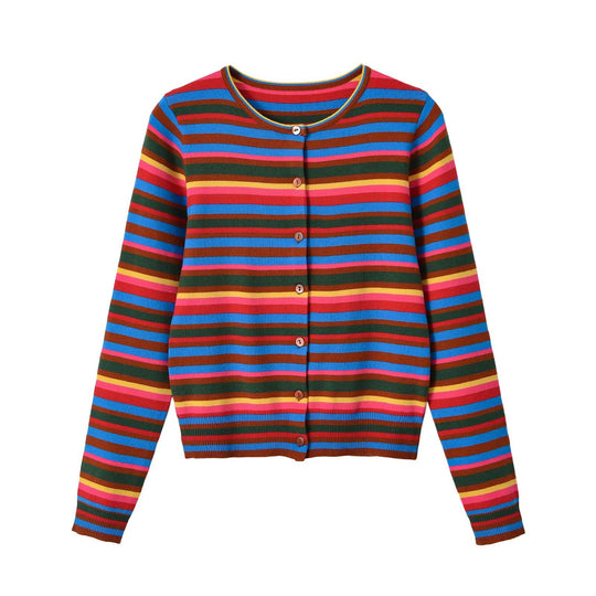 Damen Fein gestrickter Rundhals-Cardigan mit bunten Querstreifen und Perlmuttknöpfen Nord Taschen