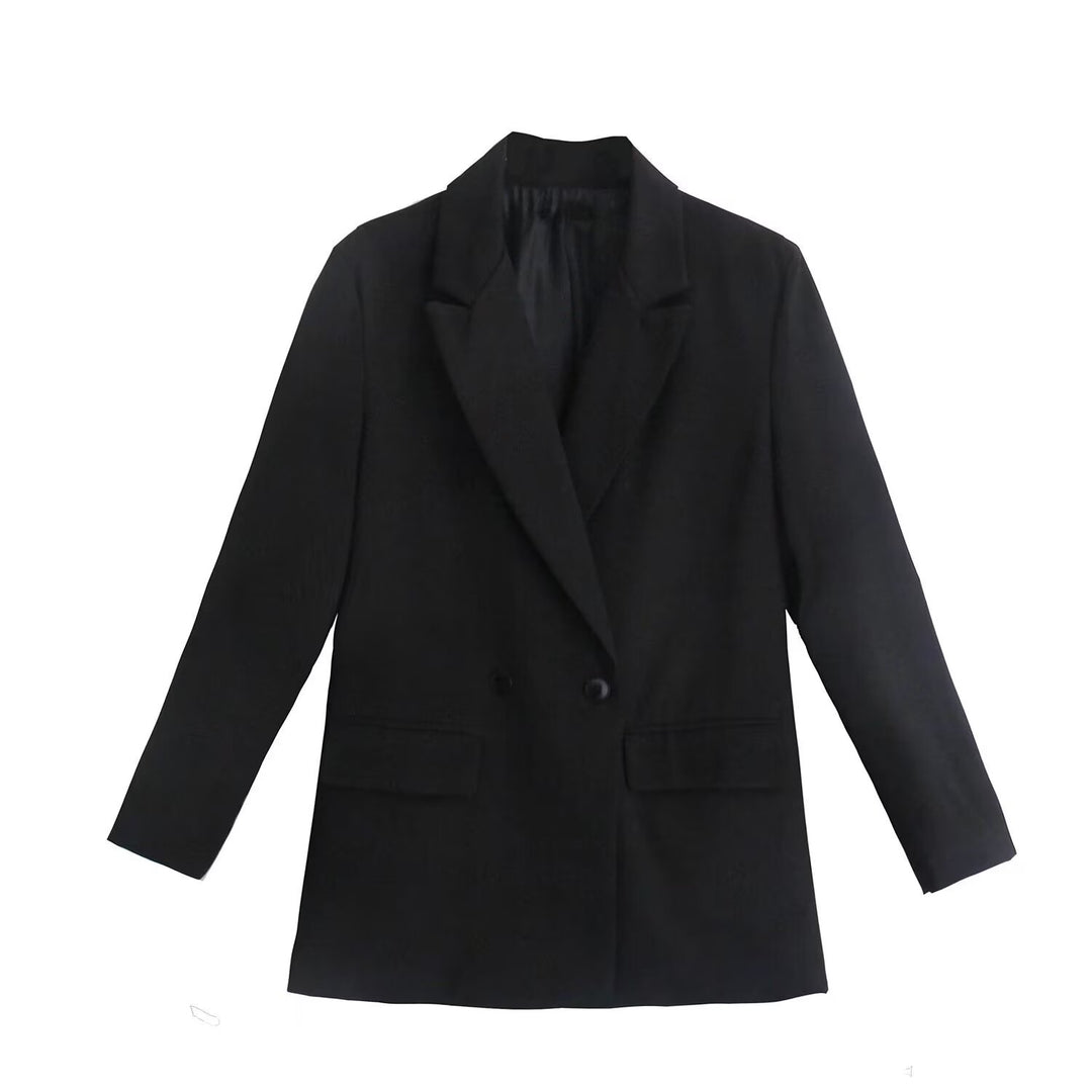 Damen Doppelreihiger Longblazer mit weitem Schalkragen und Pattentaschen Nord Taschen