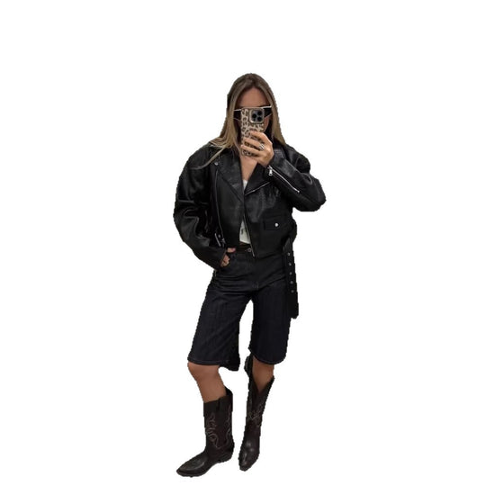 Damen Kurze strukturierte Bikerjacke aus Lederimitat Nord Taschen