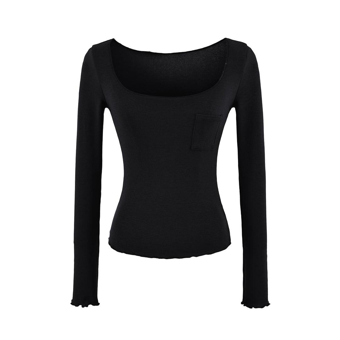 Damen Figurbetontes geripptes Langarmshirt mit weitem Quadrat-Ausschnitt und Brusttasche Nord Taschen