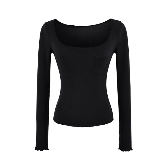 Damen Figurbetontes geripptes Langarmshirt mit weitem Quadrat-Ausschnitt und Brusttasche Nord Taschen