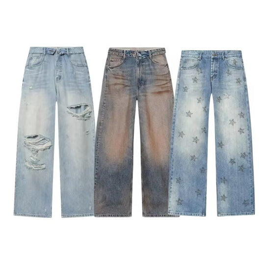 Damen Taillenhohe Jeans mit weitem Bein und Used-Waschung Nord Taschen