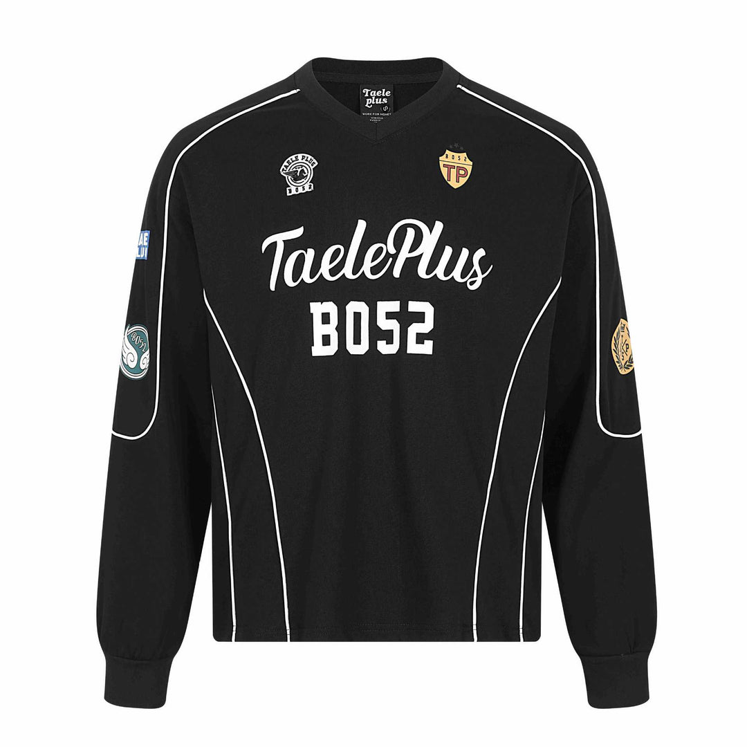Herren Retro-inspiriertes Langarm-Fußballtrikot mit V-Ausschnitt und Kontrastpaspeln Nord Taschen