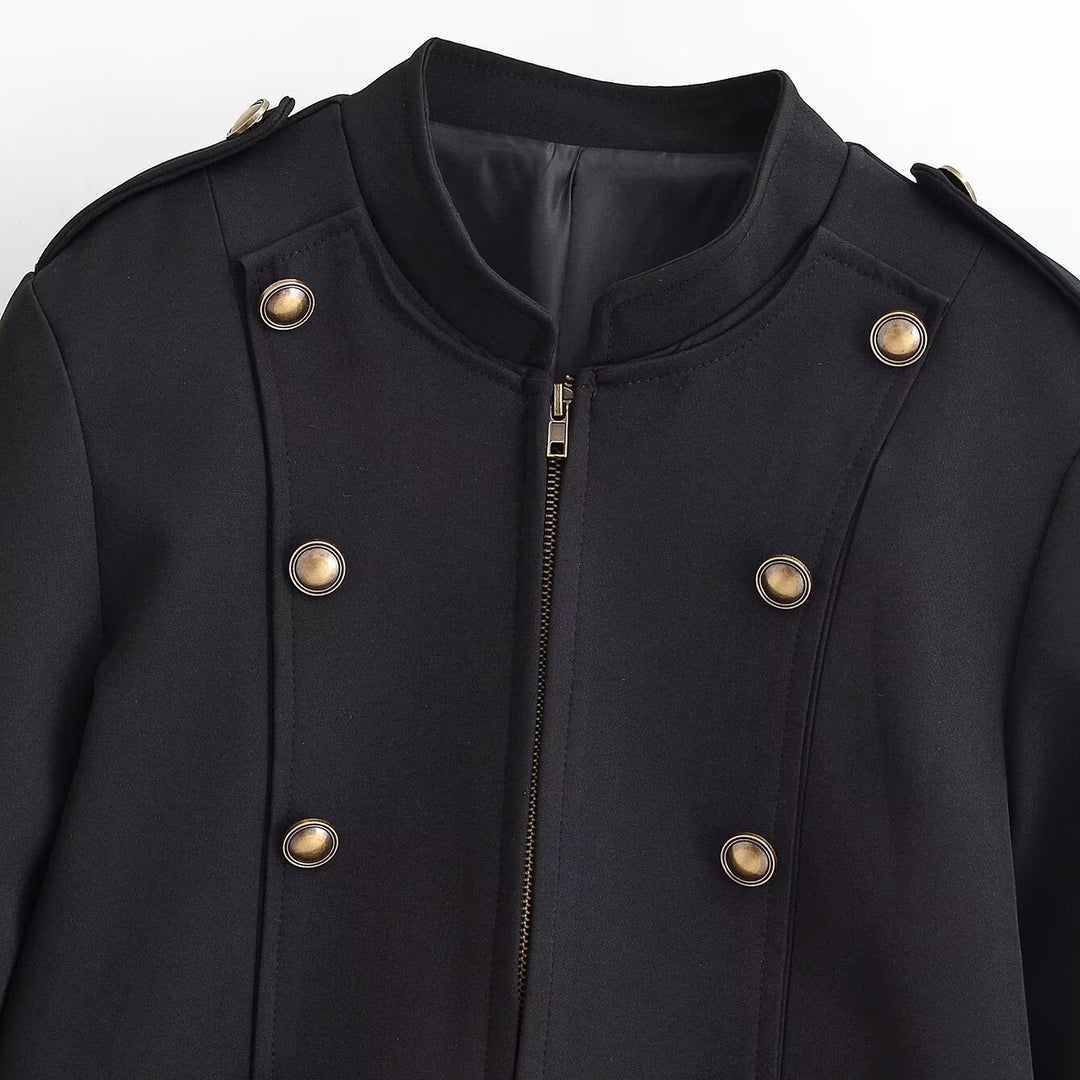 Damen Kurzblazer im Military-Look mit Stehkragen, Zierknopfreihe und Reißverschluss Nord Taschen