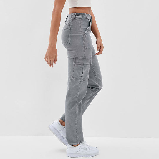 Damen Hochtaillierte Cargohose aus Denim mit geradem Bein und Mehrfachtaschen Nord Taschen