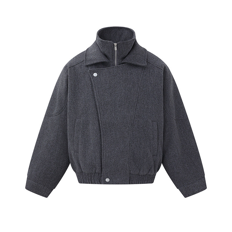 Herren Boxy Wollmix-Blousonjacke mit asymmetrischem Doppelverschluss und hohem Stehkragen Nord Taschen