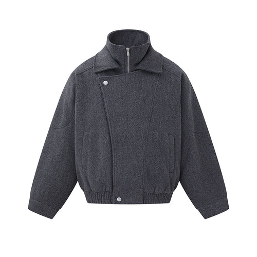 Herren Boxy Wollmix-Blousonjacke mit asymmetrischem Doppelverschluss und hohem Stehkragen Nord Taschen