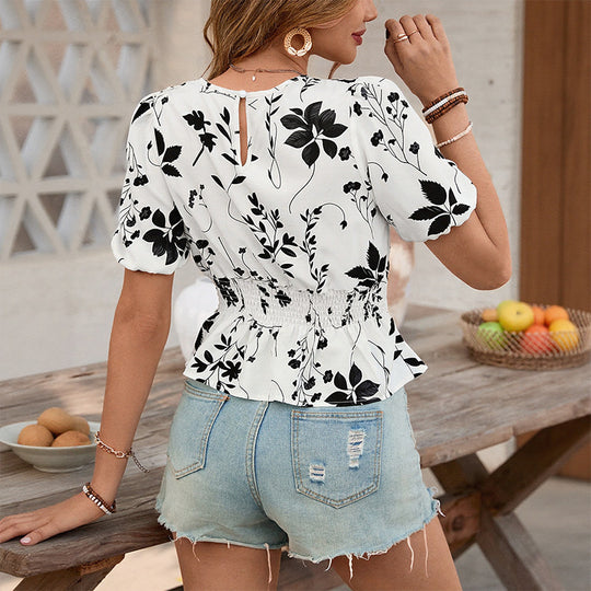 Damen Tailliertes Blusenshirt mit Knotenfront, Puffärmeln und Schößchen Nord Taschen