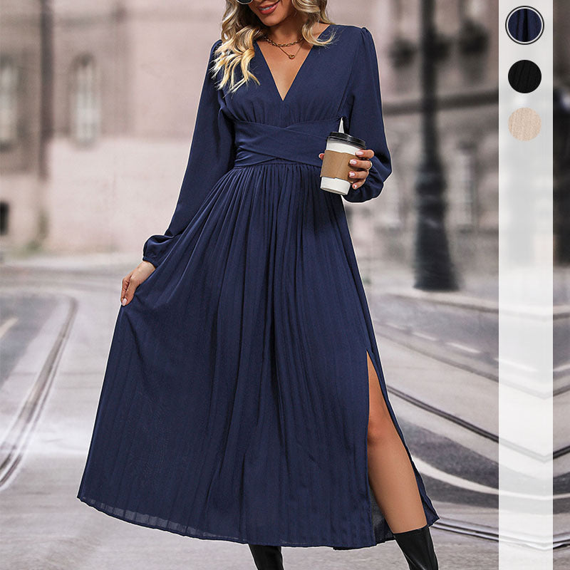 Damen Langes Viskose-Maxikleid mit Wickel-Taille, tiefem V‑Ausschnitt und hohem Beinschlitz Nord Taschen