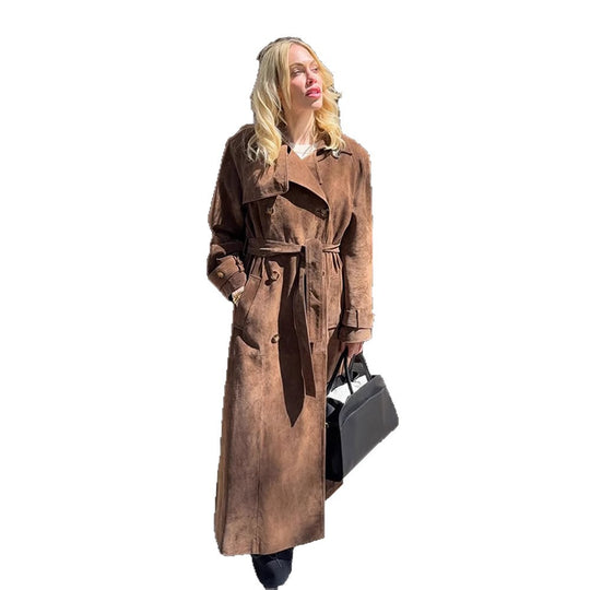 Damen Maxilanger Veloursleder‑Trenchcoat mit Bindegürtel Nord Taschen