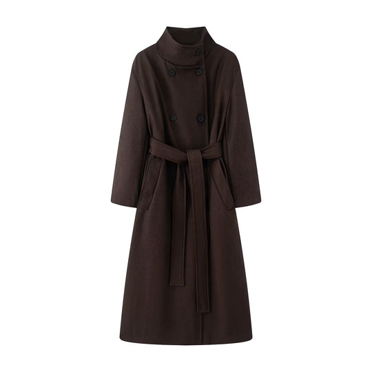 Damen übergroßer Wollmix-Mantel mit Stehkragen und Bindegürtel Nord Taschen