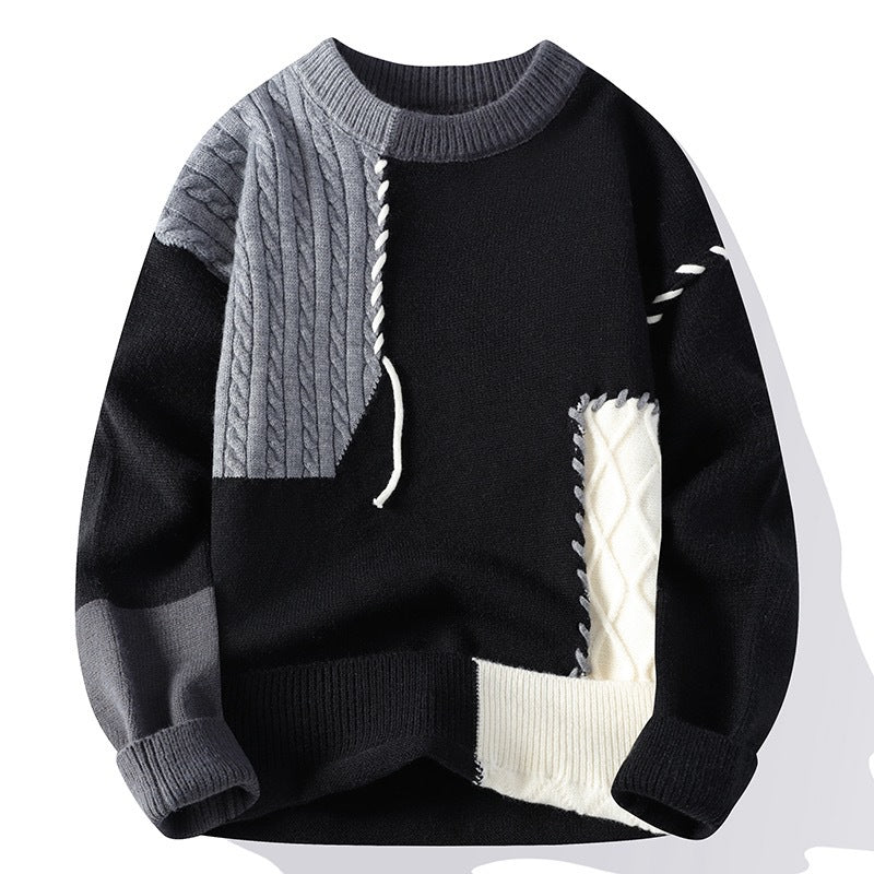 Unisex Patchwork-Strickpullover mit Zopfmuster-Applikationen und Rippabschlüssen Nord Taschen