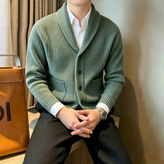 Herren Schalkragen-Strickcardigan mit Rippenstruktur, Knopfleiste und aufgesetzten Taschen Nord Taschen