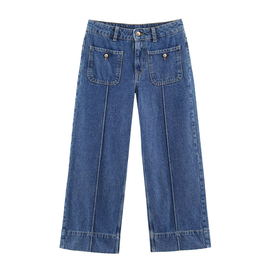 Damen Weite High‑Waist Jeans mit aufgesetzten Fronttaschen und Kantennaht Nord Taschen