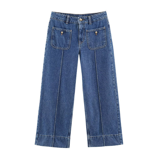 Damen Weite High‑Waist Jeans mit aufgesetzten Fronttaschen und Kantennaht Nord Taschen