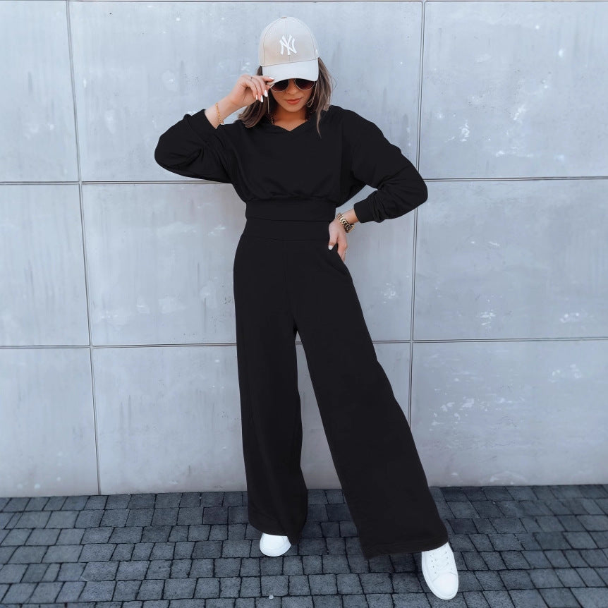 Damen Loungewear-Set mit Cropped V‑Ausschnitt-Pullover und hochtaillierter Palazzohose Nord Taschen