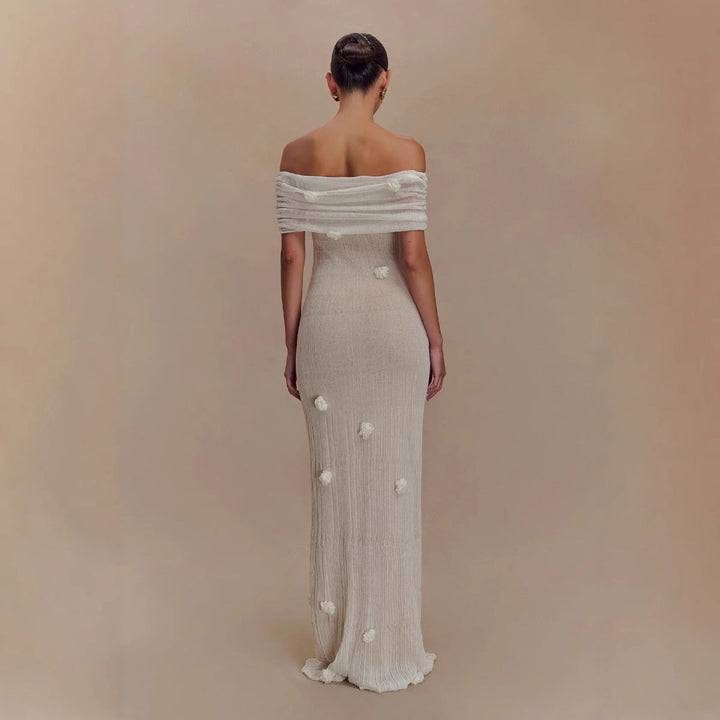 Damen Elegantes Maxikleid mit Off-Shoulder-Design und zarten 3D-Blütenapplikationen