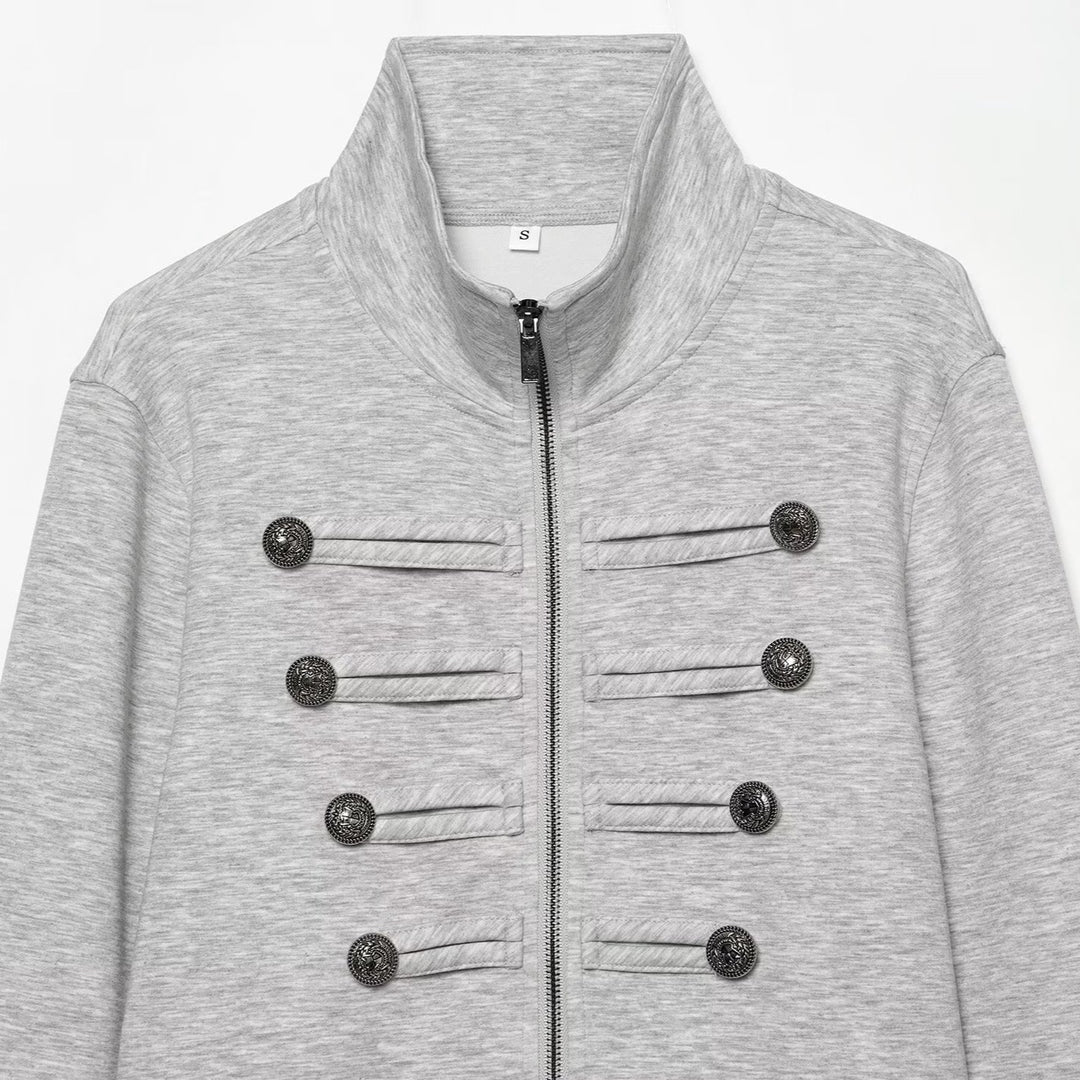 Damen Cropped Sweatjacke mit Stehkragen und militärischen Zierknopfreihen Nord Taschen