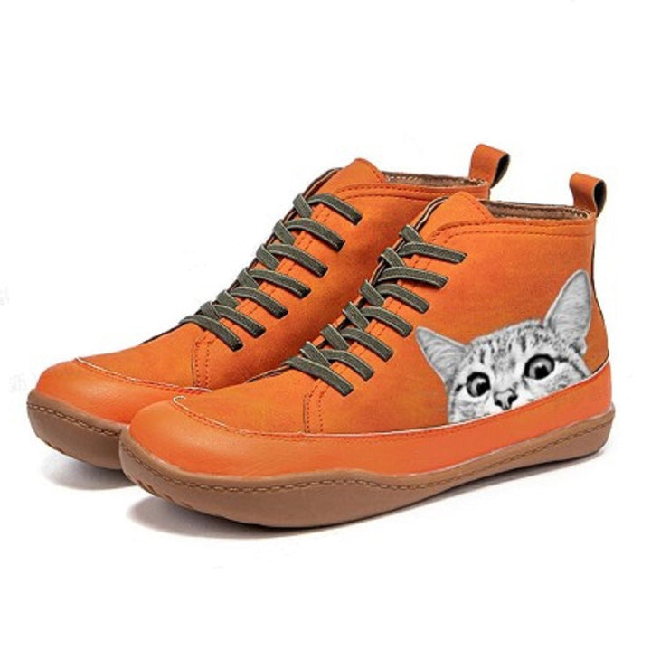 Damen nan High-Top Sneaker mit geprägtem Katzenmotiv weiches Kunstleder und gepolstertes Komfortfußbett Nord Taschen