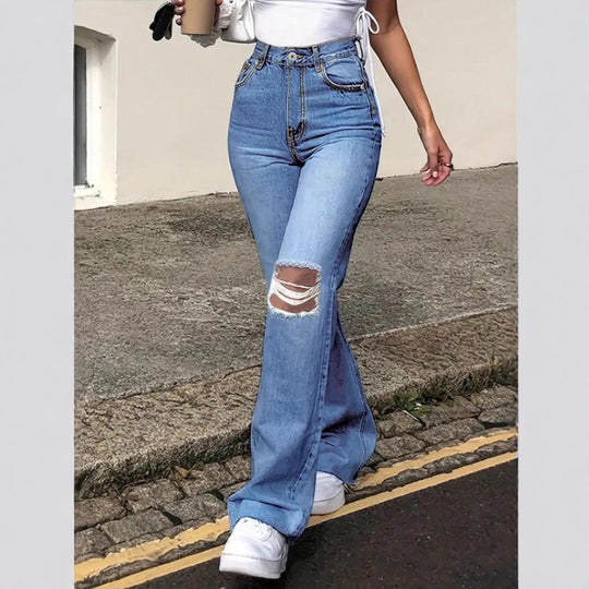 Damen Hochtaillierte Flared-Jeans im Retro-Schnitt mit Knie-Rip und verlängertem Saum Nord Taschen