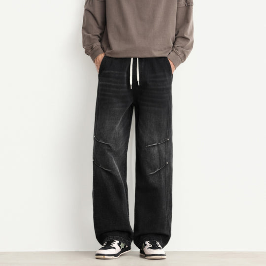 Herren Weite Denim-Hose mit Tunnelzugbund, Paneelnähten und Used-Waschung Nord Taschen