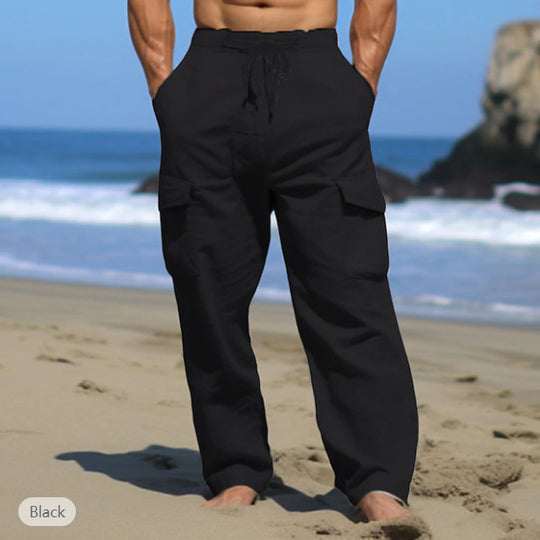 Herren weite Freizeit-Cargohose aus Leinenmix mit Tunnelzugbund, aufgesetzten Klappentaschen und entspanntem Strandfit Nord Taschen