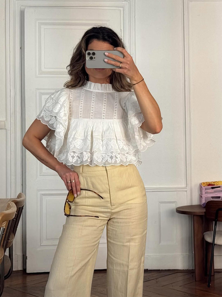 Damen Spitzenbluse im Cropped-Volantstil mit Stehkragen und Lagenrüschen Nord Taschen