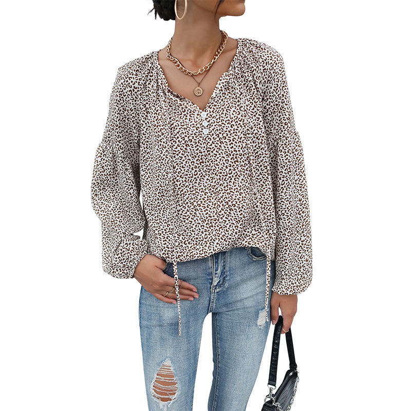 Damen Legere Tunika-Bluse mit feinem Leopardenprint, Knopfleiste und Ballonärmeln Nord Taschen