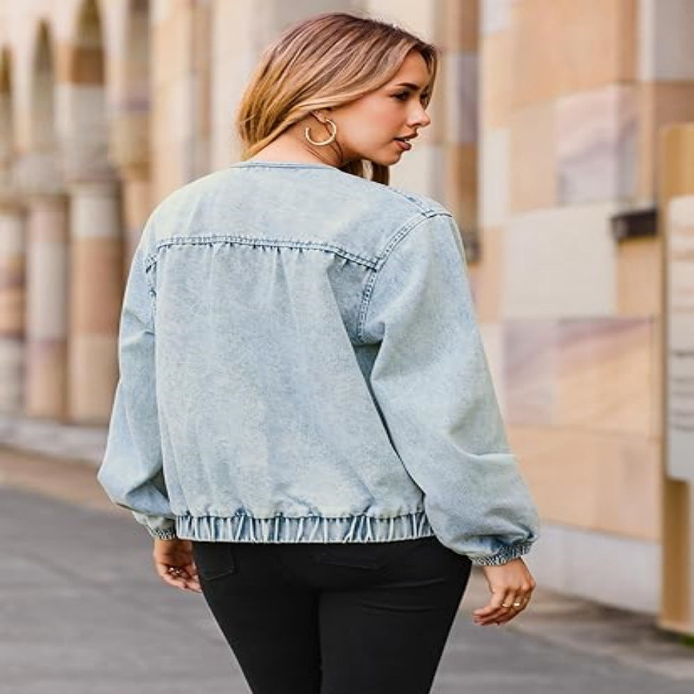 Damen Jeansblouson im Bomberstil mit Rundhals, Galonnähten und elastischem Saum Nord Taschen