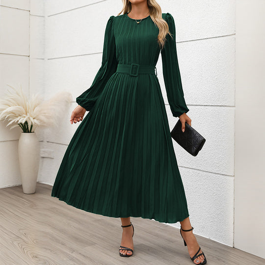 Damen Elegantes Faltenmaxikleid mit Taillengürtel Nord Taschen
