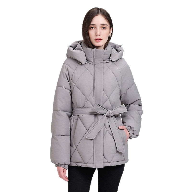 Damen nan luxuriöse kurze Pufferjacke mit integriertem Windschutzkragen und Taillengürtel Nord Taschen