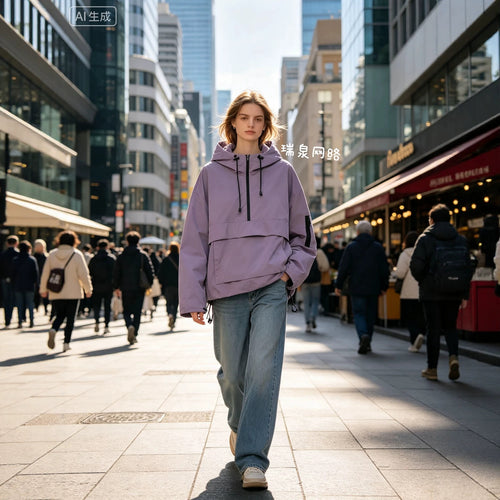 Damen wasserdichter Oversized Anorak mit Kapuze, halbem Reißverschluss und Kängurutasche Nord Taschen