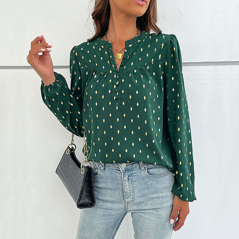 Damen Leichte Viskosebluse mit zartem Ikat‑Print, Stehkragen und dekorativer Knopfleiste Nord Taschen