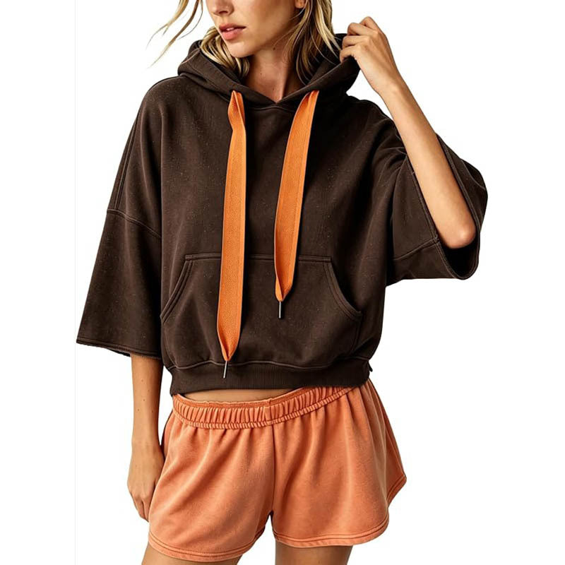 Damen Cropped Kapuzenpullover mit 3/4-Ärmeln und Kängurutasche Nord Taschen