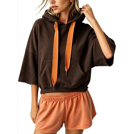 Damen Cropped Kapuzenpullover mit 3/4-Ärmeln und Kängurutasche Nord Taschen