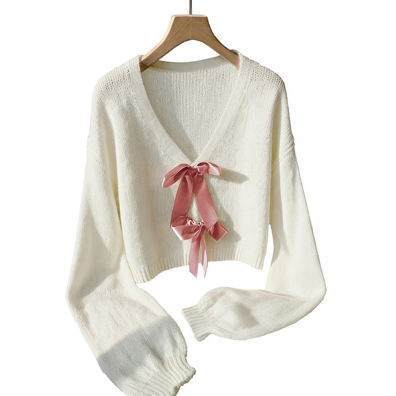 Damen Kurzgeschnittener V-Ausschnitt Mohair-Mix Pullover mit Satinschleifen Nord Taschen
