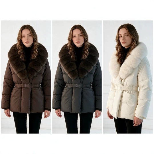 Damen nan taillierte Steppjacke mit übergroßem Webpelzkragen, taillierendem Gürtel und wärmender Thermofüllung Nord Taschen