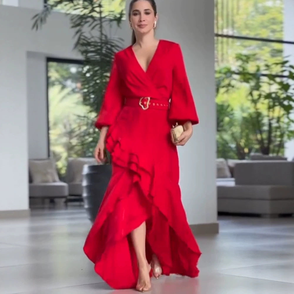 Damen Elegantes Wickel-Maxikleid mit Volants, tailliertem Gürtel & weitem Glockenärmel Nord Taschen