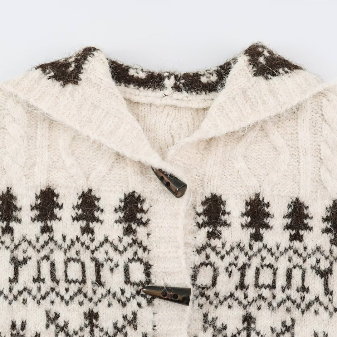 Damen Grobgestrickte Kapuzen‑Strickjacke mit Hornknöpfen und Norwegermuster Nord Taschen