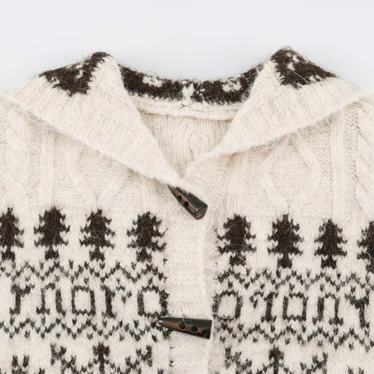 Damen Grobgestrickte Kapuzen‑Strickjacke mit Hornknöpfen und Norwegermuster Nord Taschen