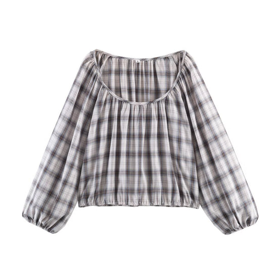 Damen Karierte Carmen‑Bluse mit weitem Ausschnitt, Ballonärmeln und elastischem Saum Nord Taschen