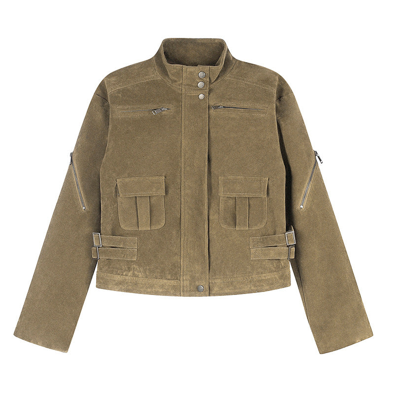 Damen Kurz geschnittene Wildlederjacke mit Stehkragen, Utility-Taschen und Seiten-Schnallen Nord Taschen