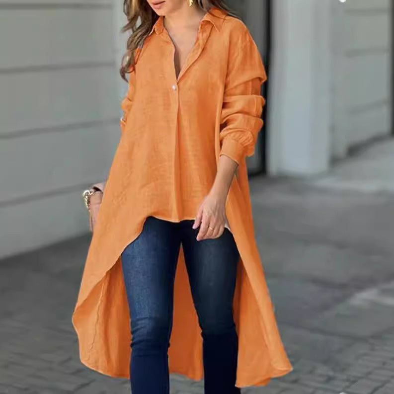 Damen Leichte Leinen‑Tunika‑Bluse mit asymmetrischem High‑Low‑Schwanz und Hemdkragen Nord Taschen