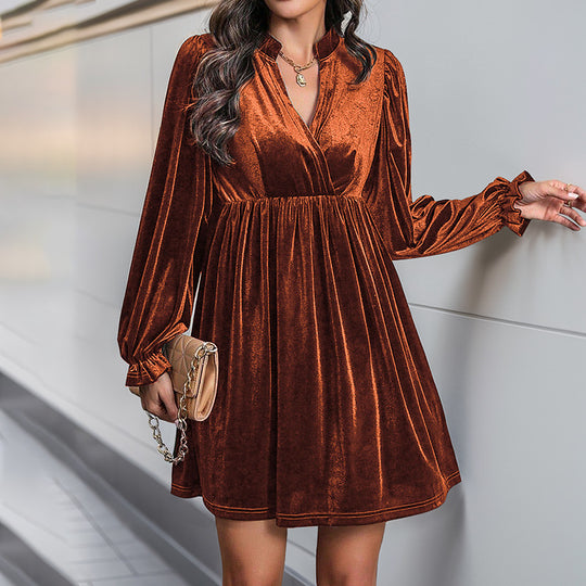 Damen Elegantes Samtkleid mit V-Ausschnitt und langen Ärmeln Nord Taschen